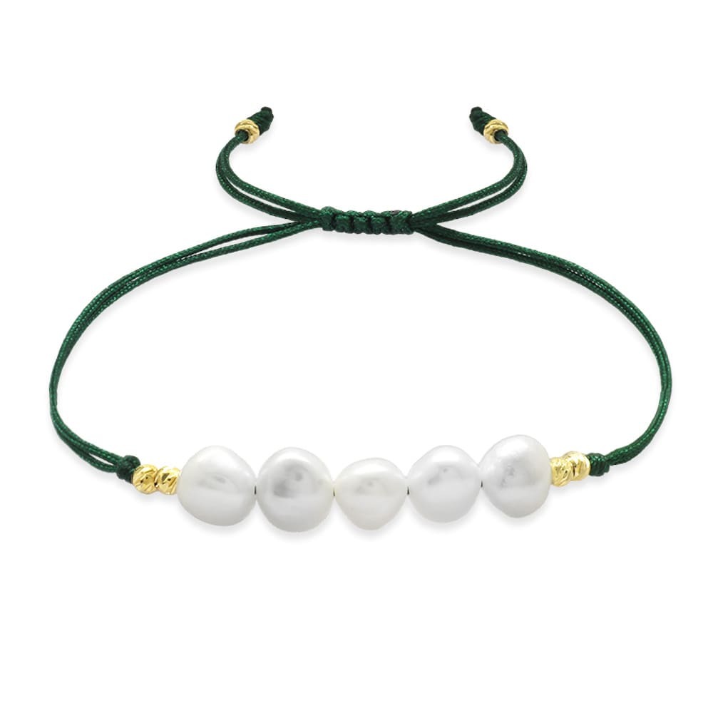 Makrome Örgülü Naturel Kesim Yeşil İpli Sarı Dorika Top Süslemeli Doğal İnci Kadın Bileklik - 4