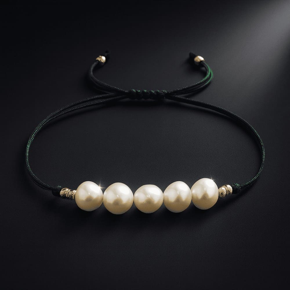 Makrome Örgülü Naturel Kesim Yeşil İpli Sarı Dorika Top Süslemeli Doğal İnci Kadın Bileklik - 5