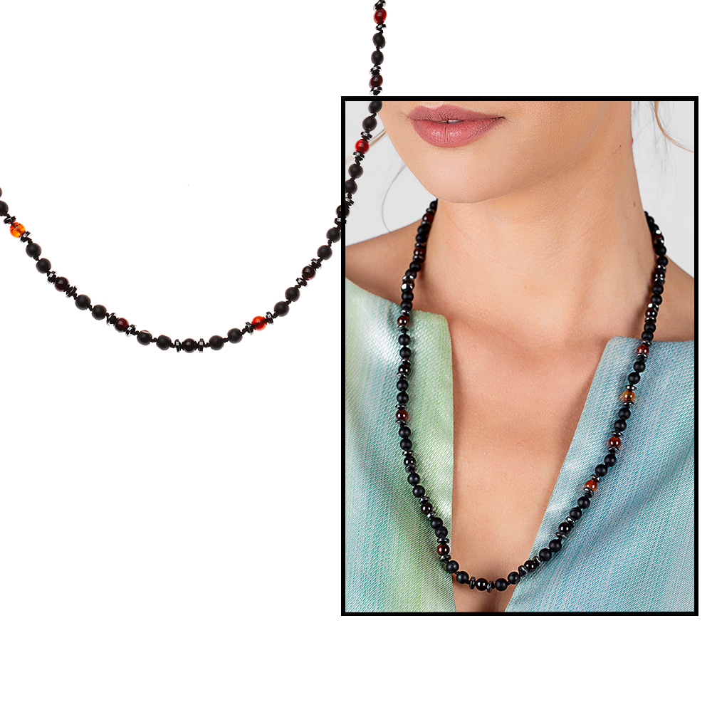 Makrome Örgülü Oniks Akik Hematit Kombinli Doğaltaş Kadın Kolye - 1