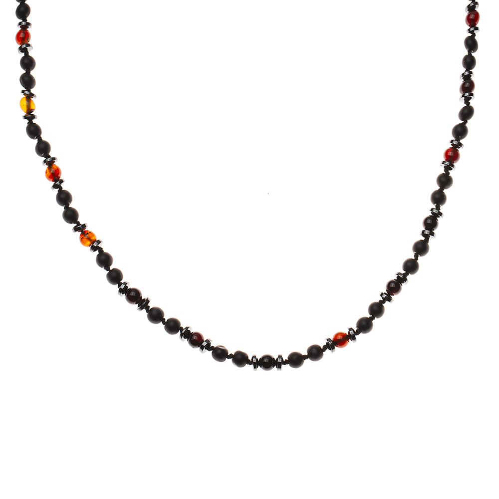 Makrome Örgülü Oniks Akik Hematit Kombinli Doğaltaş Kadın Kolye - 5