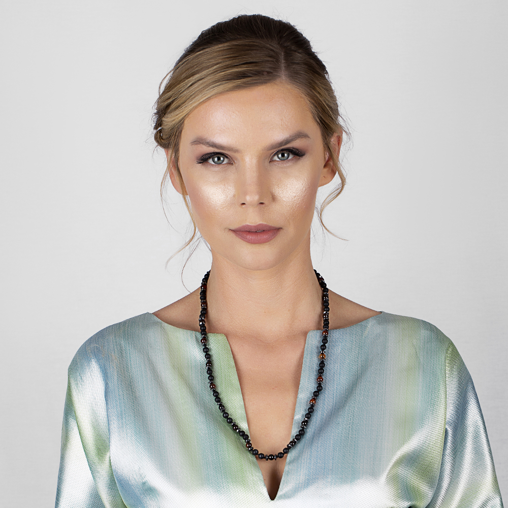 Makrome Örgülü Oniks Akik Hematit Kombinli Doğaltaş Kadın Kolye - 2