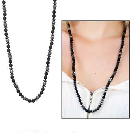 Makrome Örgülü Oniks-Hematit Kombinli Doğaltaş Kadın Kolye - Tesbihane