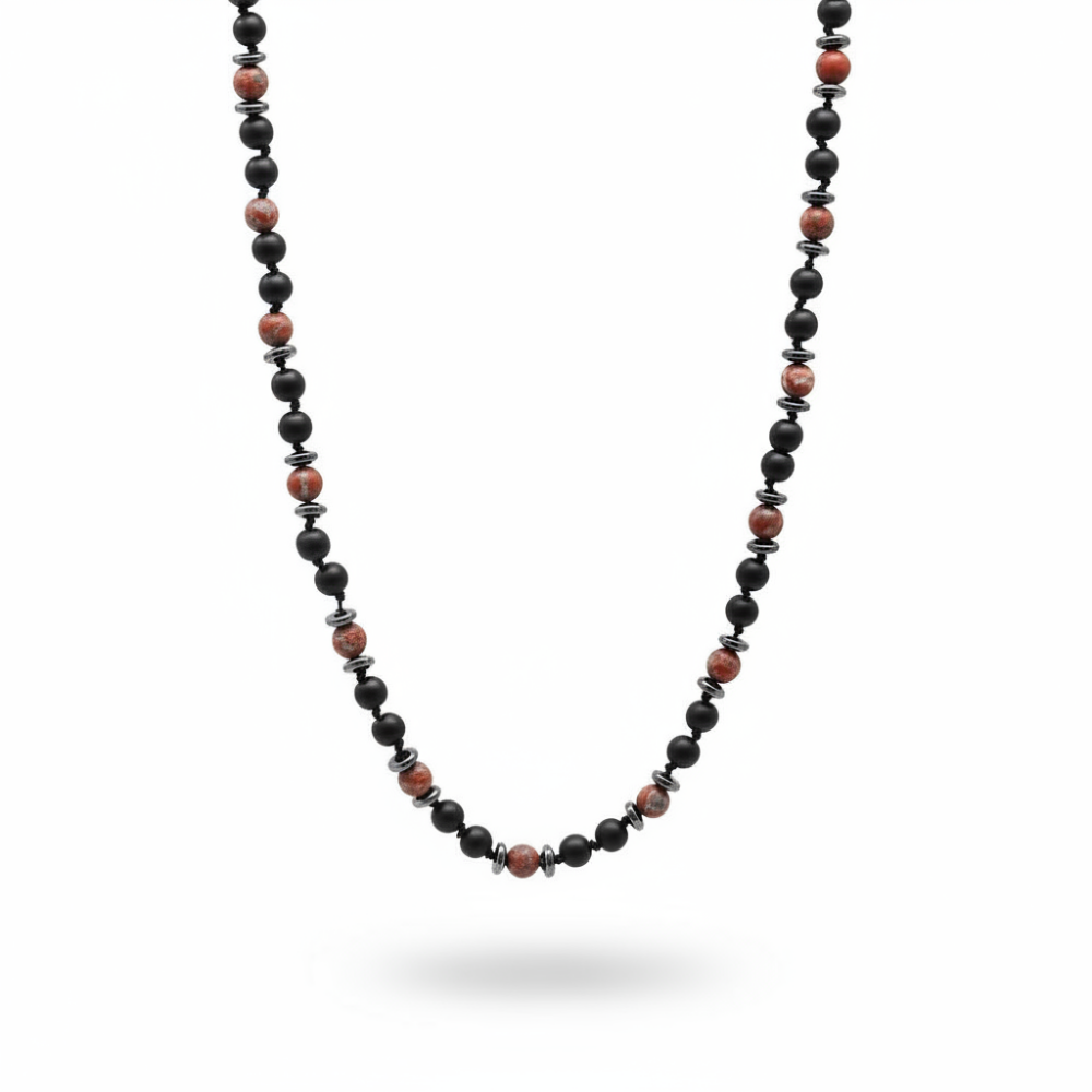 Makrome Örgülü Oniks Kırmızı Jasper Kombinli Doğaltaş Erkek Kolye - 4