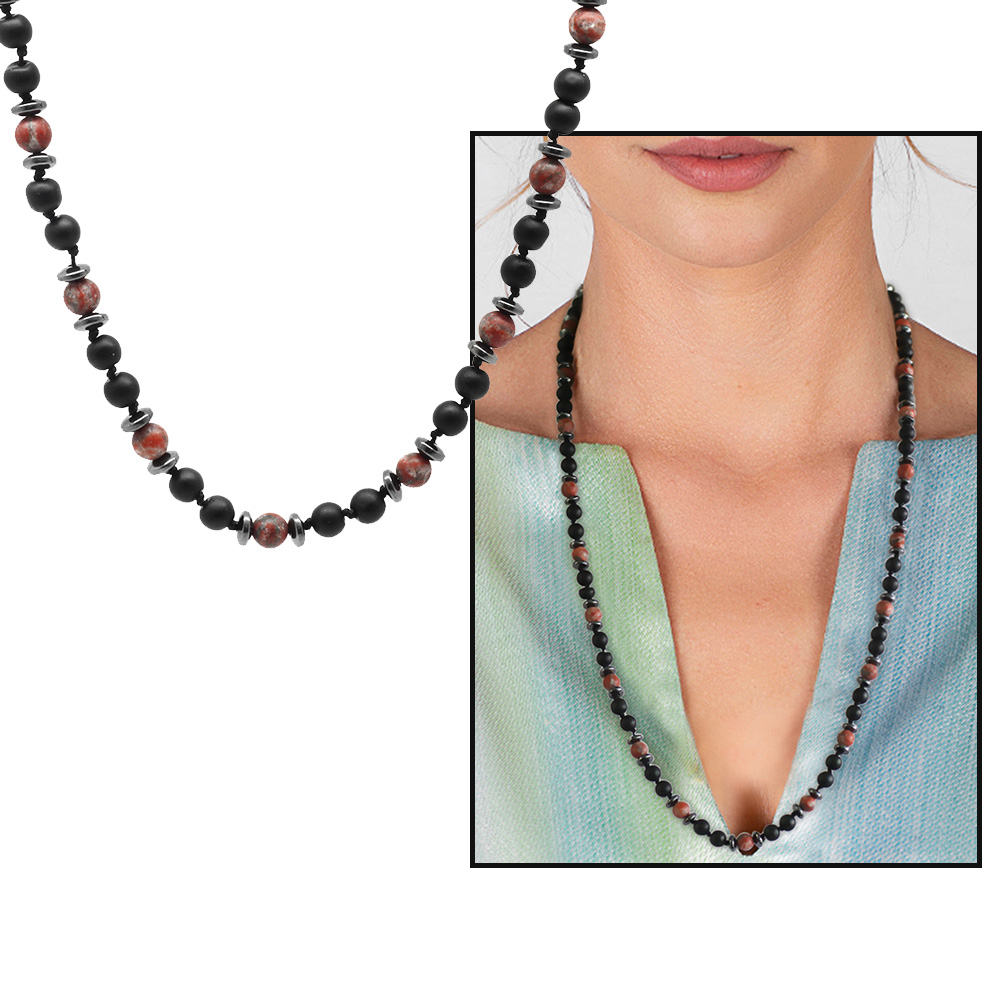 Makrome Örgülü Oniks Kırmızı Jasper Kombinli Doğaltaş Kadın Kolye - 1