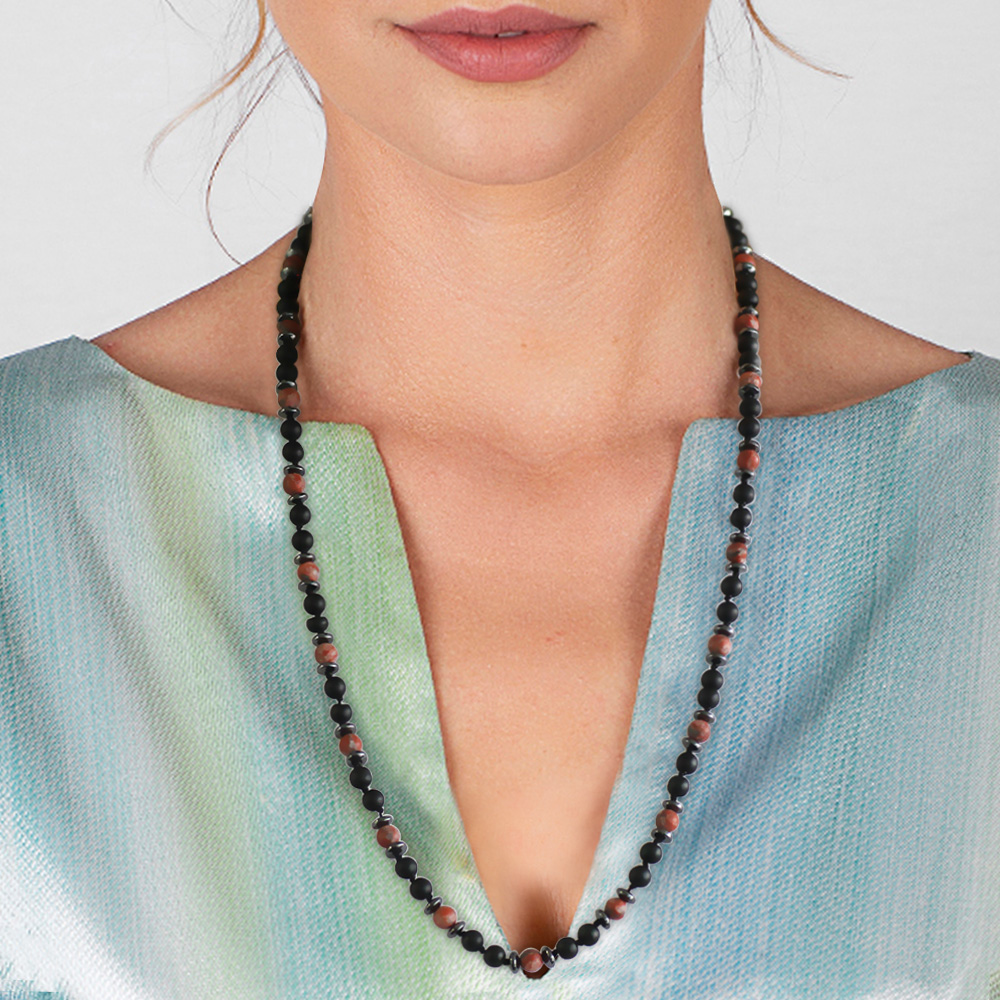 Makrome Örgülü Oniks Kırmızı Jasper Kombinli Doğaltaş Kadın Kolye - 2