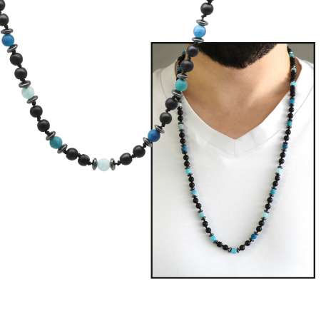 Makrome Örgülü Oniks-Mavi Beyaz Akik Kombinli Doğaltaş Erkek Kolye - STOKYOK