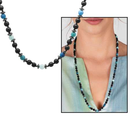 Makrome Örgülü Oniks-Mavi Beyaz Akik Kombinli Doğaltaş Kadın Kolye - STOKYOK