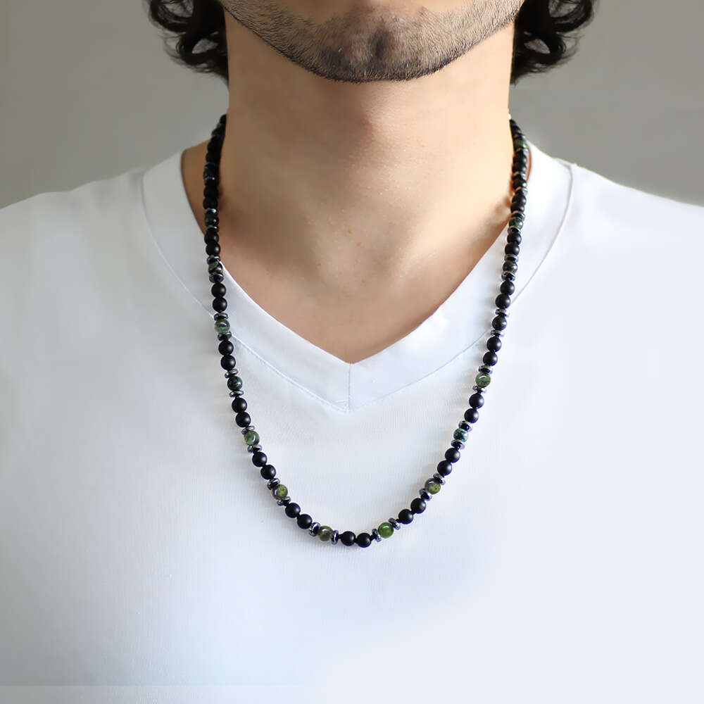 Makrome Örgülü Oniks-Serpantit-Hematit Kombinli Doğaltaş Erkek Kolye - 3