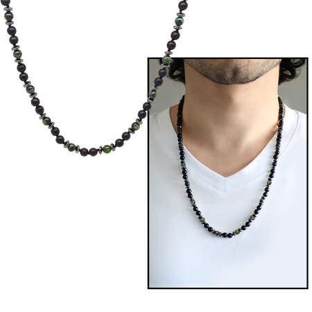 Makrome Örgülü Oniks-Serpantit-Hematit Kombinli Doğaltaş Erkek Kolye - STOKYOK