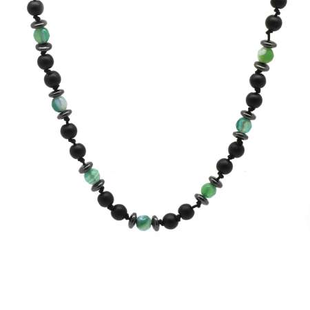 Makrome Örgülü Oniks-Yeşil Beyaz Akik Kombinli Doğaltaş Erkek Kolye - STOKYOK