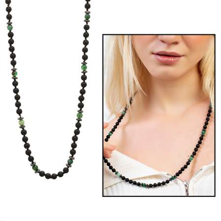 Makrome Örgülü Oniks-Yeşil Beyaz Akik Kombinli Doğaltaş Kadın Kolye - STOKYOK