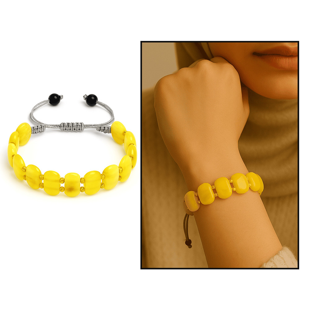 Makrome Örgülü Sarı Beyaz Renkli Doğal Damla Kehribar Rolex Kadın Bileklik - 1