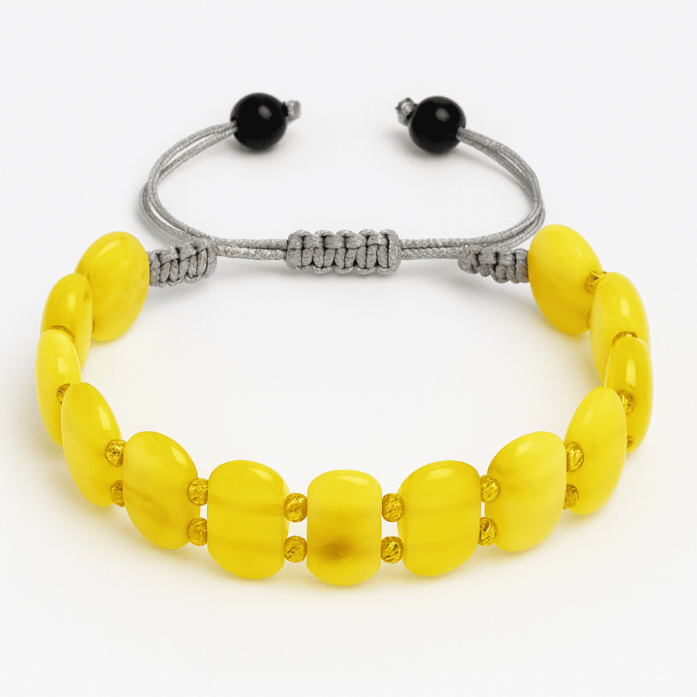 Makrome Örgülü Sarı Beyaz Renkli Doğal Damla Kehribar Rolex Kadın Bileklik - 2