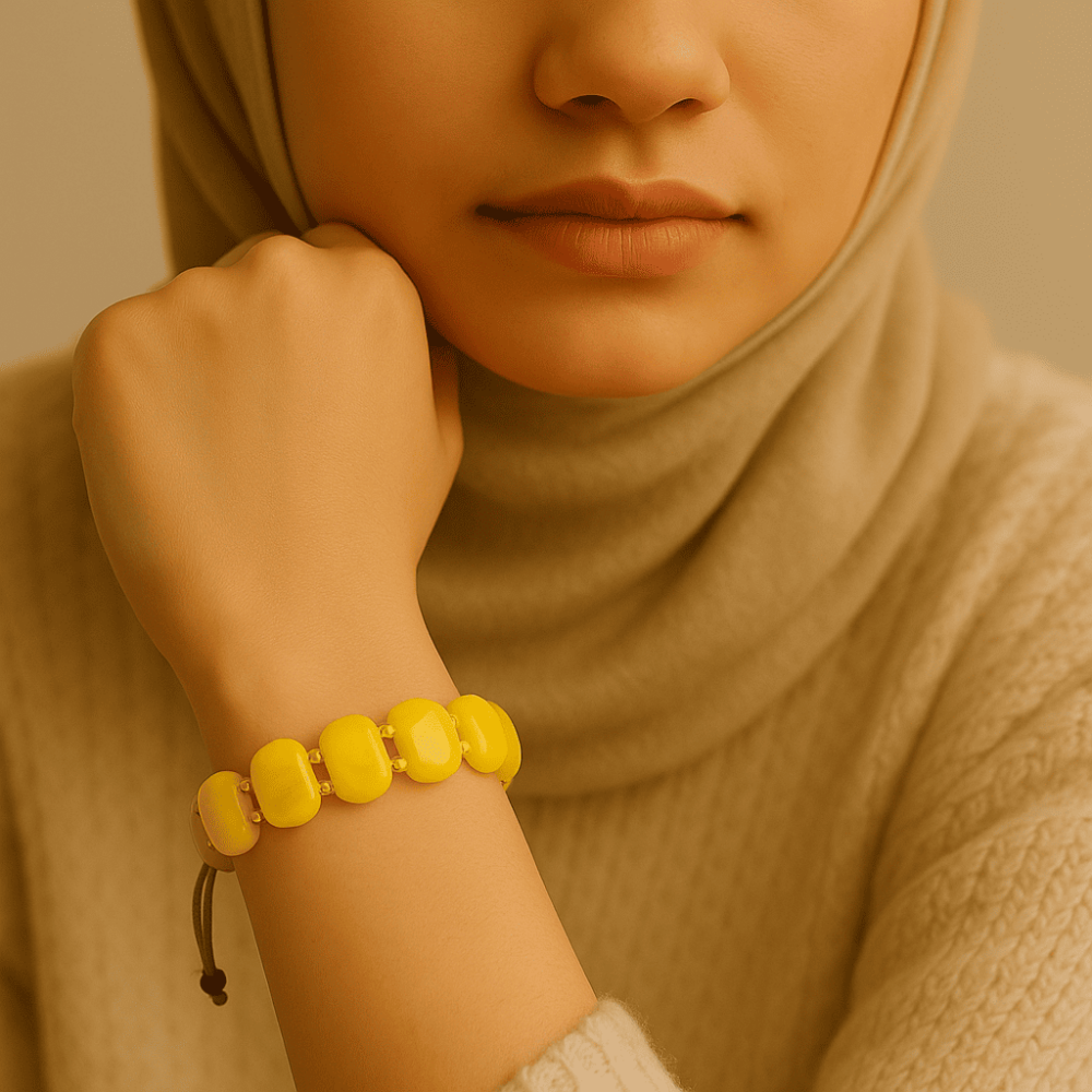 Makrome Örgülü Sarı Beyaz Renkli Doğal Damla Kehribar Rolex Kadın Bileklik - 3