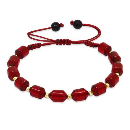 Makrome Örgülü Sarı Dorika Top Süslemeli Bayrak Kırmızı Ateş Kehribar Kadın Bileklik - Tesbihane