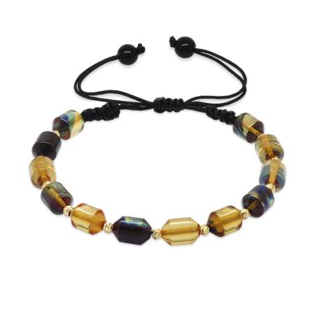 Makrome Örgülü Sarı Dorika Top Süslemeli Mavi Beyaz Ateş Kehribar Kadın Bileklik - Tesbihane