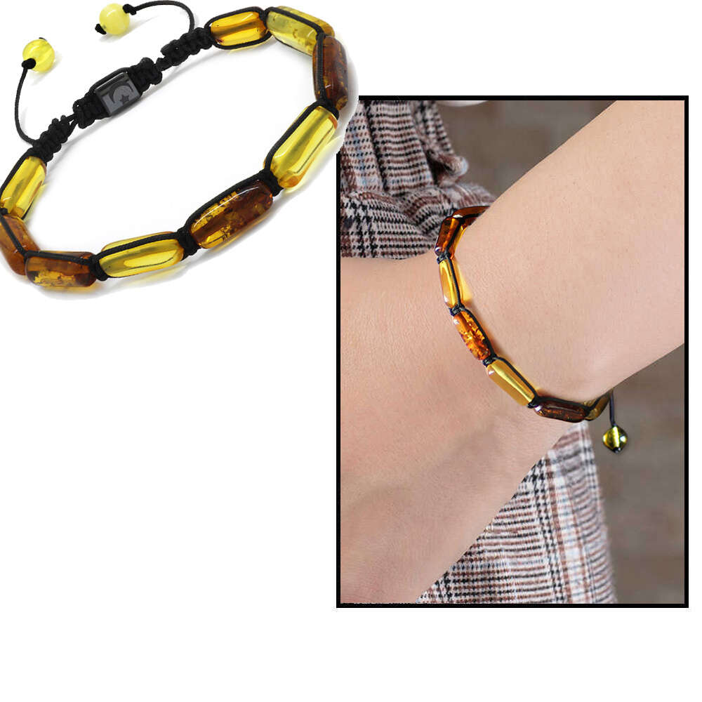 Makrome Örgülü Silindir Kesim Multicolor Doğal Damla Kehribar Bileklik - 1