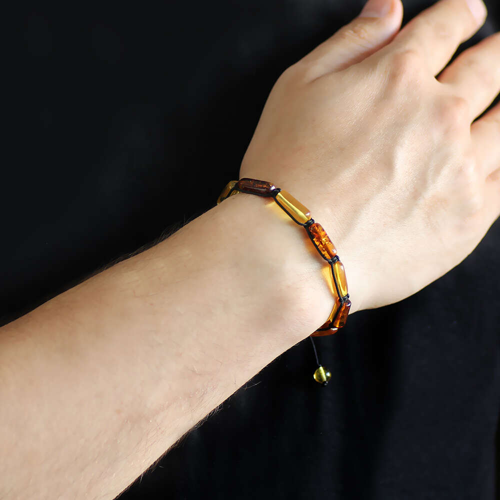 Makrome Örgülü Silindir Kesim Multicolor Doğal Damla Kehribar Bileklik - 2