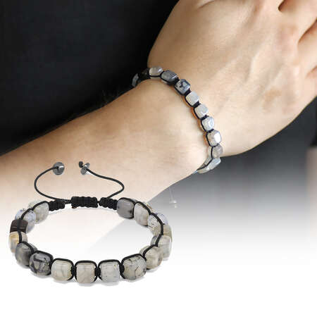 Makrome Örgülü Sıralı Küp Kesim Beyaz Akik Doğaltaş Bileklik - STOKYOK