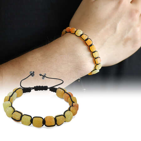 Makrome Örgülü Sıralı Küp Kesim Damarlı Sarı Akik Doğaltaş Bileklik - Tesbihane