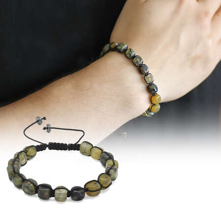 Makrome Örgülü Sıralı Küp Kesim Sarı Akik Doğaltaş Bileklik - STOKYOK