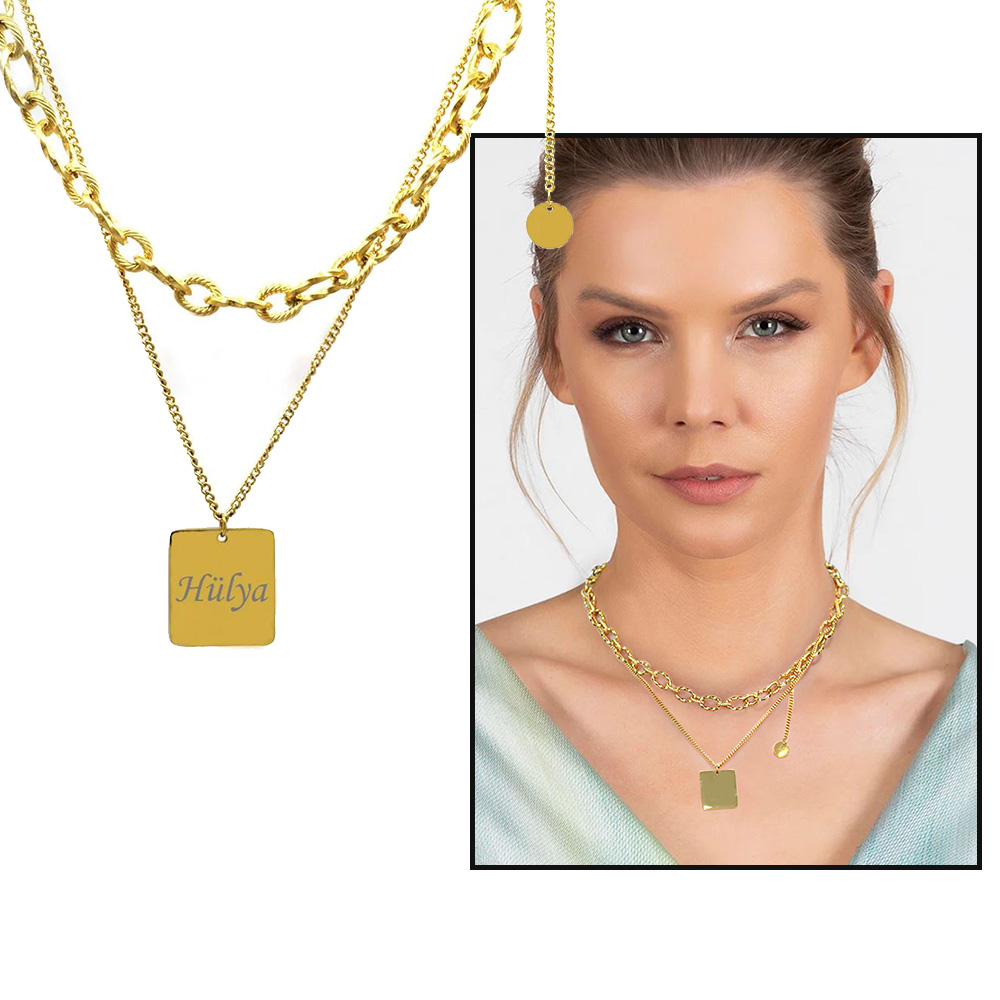 Marina Tasarım Kişiye Özel İsim Yazılı Altın Renk Çelik Kadın Kolye - 1