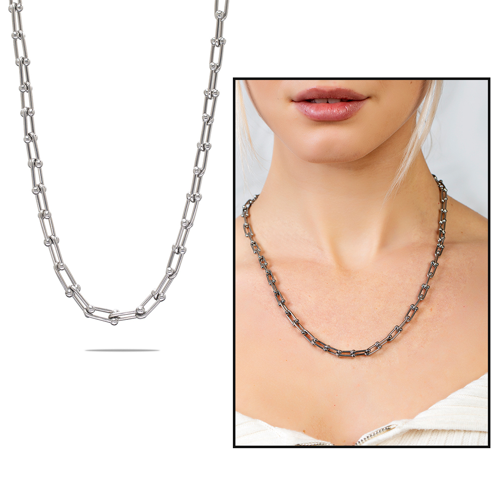 Kadın Çelik Zincir - Marina Model - Gümüş Renk - 55 cm Uzunluk - 6,5 mm Genişlik - 2