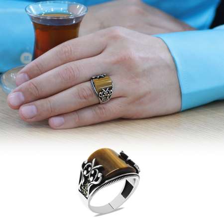 Markazit Taş İşlemeli Bombeli Kaplan Gözü Taşlı 925 Ayar Gümüş Erkek Yüzük - Tesbihane