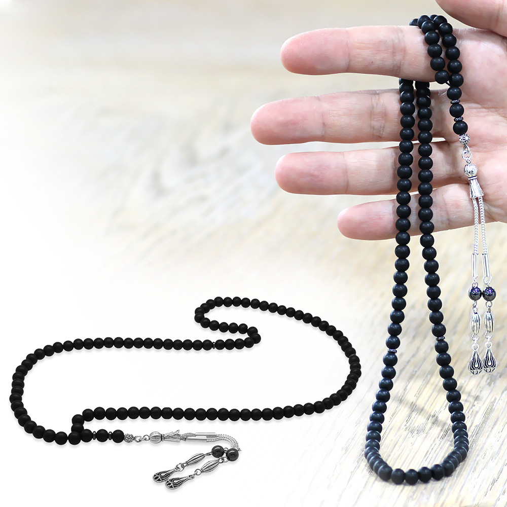 Mat Oniks Doğaltaş Namaz Tesbihi - Kararmaz Metal Damla Püsküllü - Siyah Renk - Küre Kesim - 2