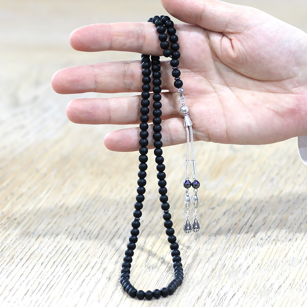 Mat Oniks Doğaltaş Namaz Tesbihi - Kararmaz Metal Damla Püsküllü - Siyah Renk - Küre Kesim - 3