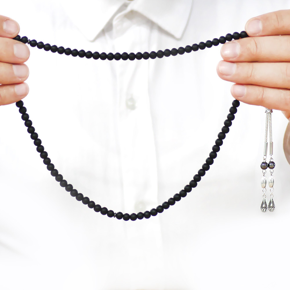 Mat Oniks Doğaltaş Namaz Tesbihi - Kararmaz Metal Damla Püsküllü - Siyah Renk - Küre Kesim - 4