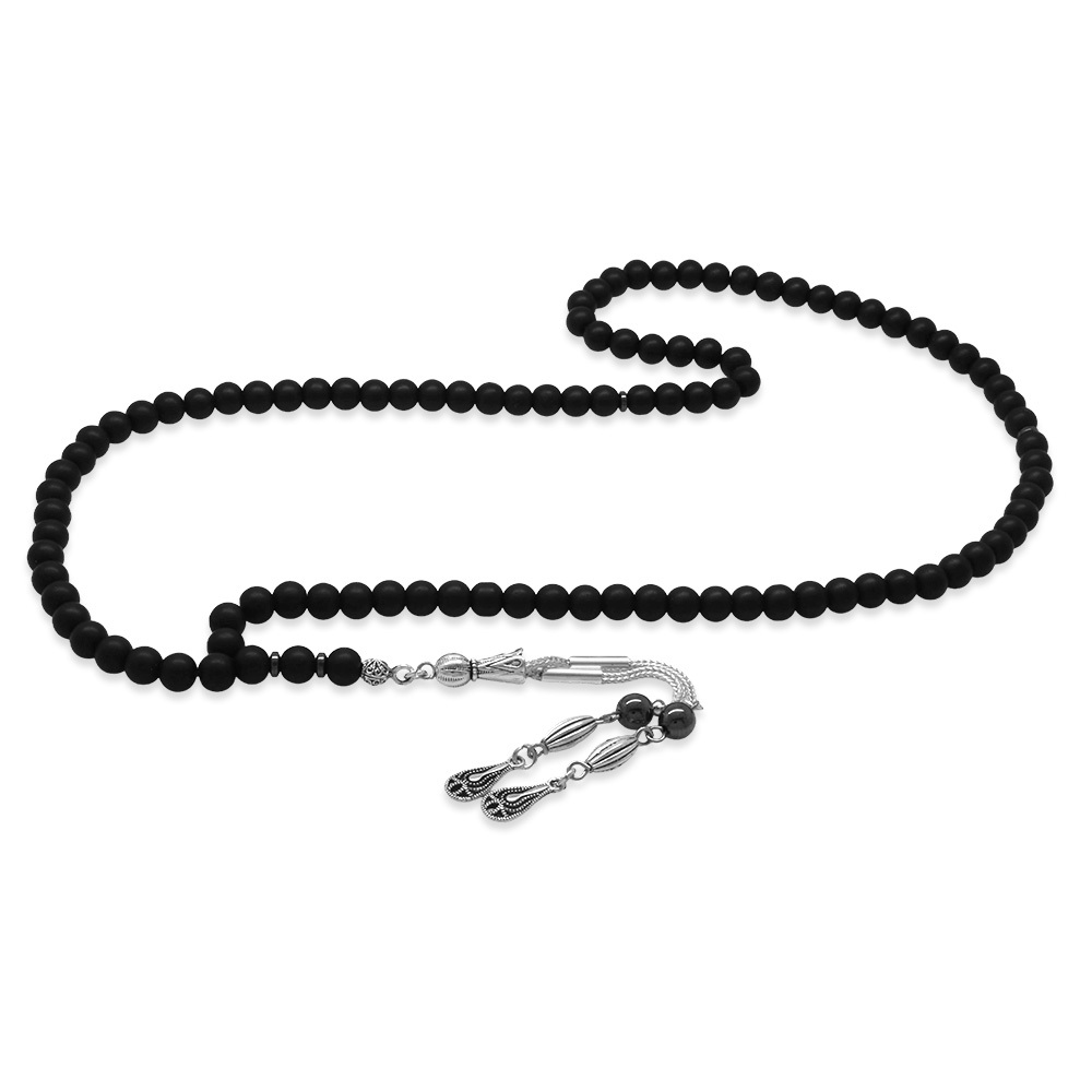 Mat Oniks Doğaltaş Namaz Tesbihi - Kararmaz Metal Damla Püsküllü - Siyah Renk - Küre Kesim - 5