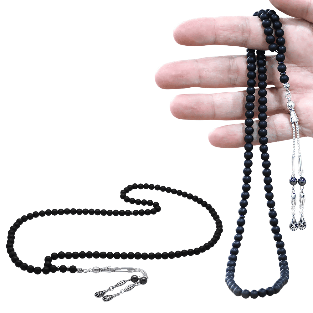 Mat Oniks Doğaltaş Namaz Tesbihi - Kararmaz Metal Damla Püsküllü - Siyah Renk - Küre Kesim - 1