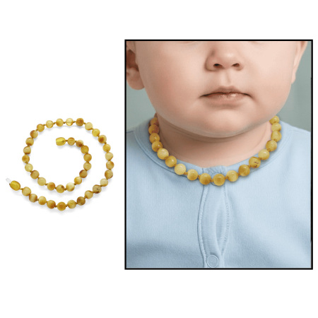 Mat Sarı Doğal Damla Kehribar Taşlı Hareli Bebek Diş Kolyesi - Tesbihane
