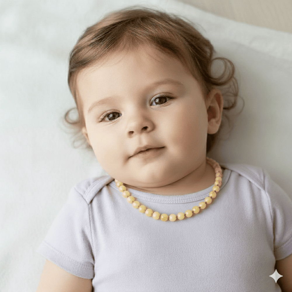 Mat Sarı Doğal Damla Kehribar Taşlı Hareli Maxi Boy Bebek Diş Kolyesi - 2