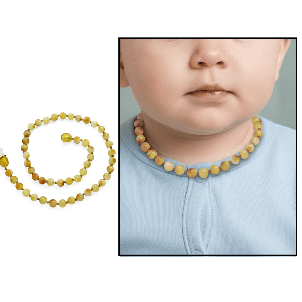 Mat Sarı Doğal Damla Kehribar Taşlı Hareli Mini Boy Bebek Diş Kolyesi - 1