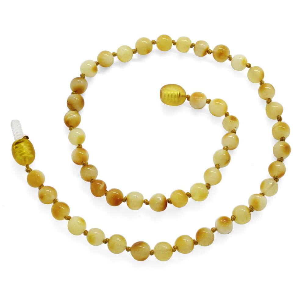 Mat Sarı Doğal Damla Kehribar Taşlı Hareli Mini Boy Bebek Diş Kolyesi - 3