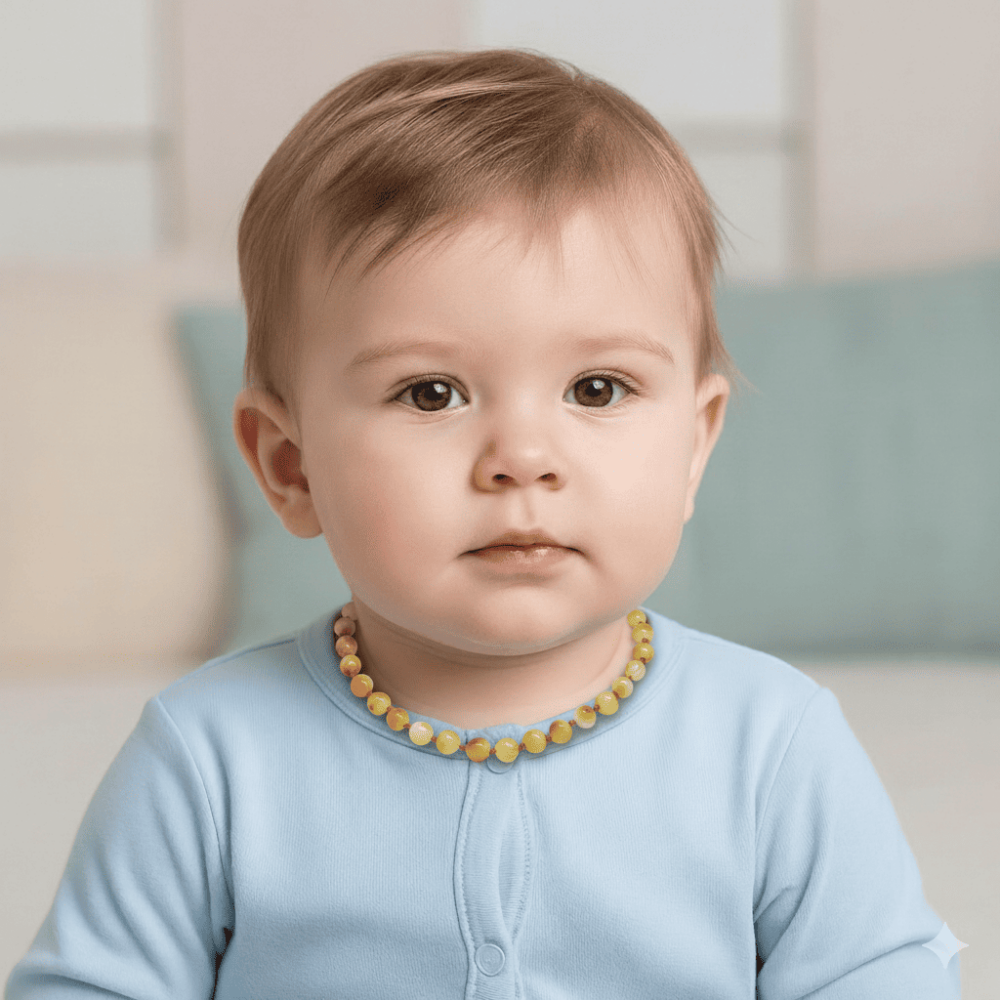 Mat Sarı Doğal Damla Kehribar Taşlı Hareli Mini Boy Bebek Diş Kolyesi - 2