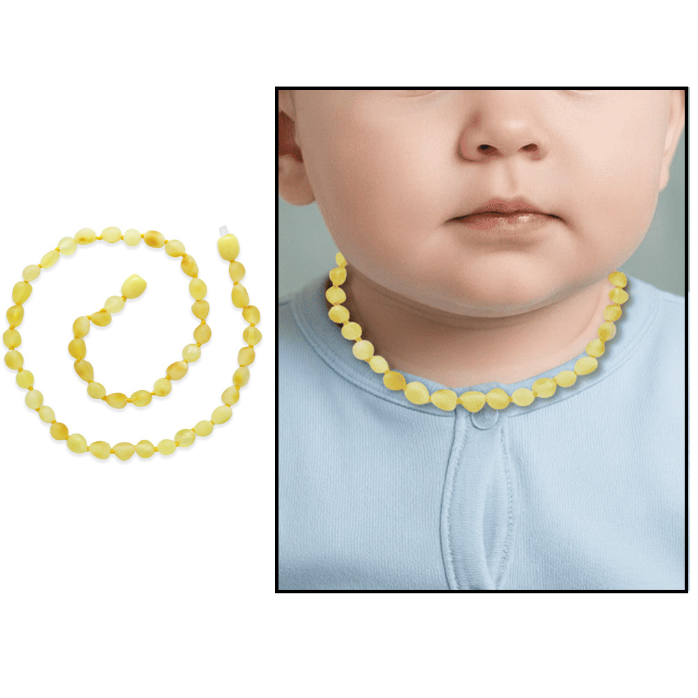 Mat Soft Sarı Renk Doğal Form Damla Kehribar Taşlı Bebek Diş Kolyesi - 1