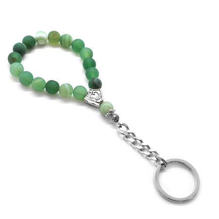 Mat Yeşil Akik Doğaltaş Krom Çelik Kombinli Tesbih Anahtarlık - Tesbihane