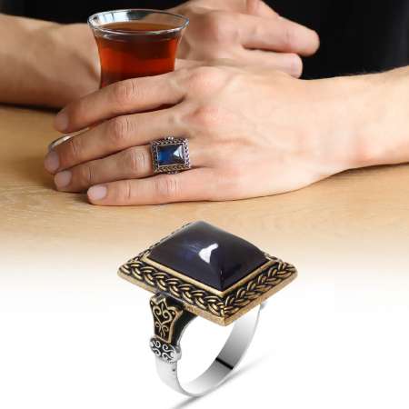 Mavi Ateş Kehribar Taşlı Dörtgen Tasarım 925 Ayar Gümüş Erkek Yüzük - Tesbihane