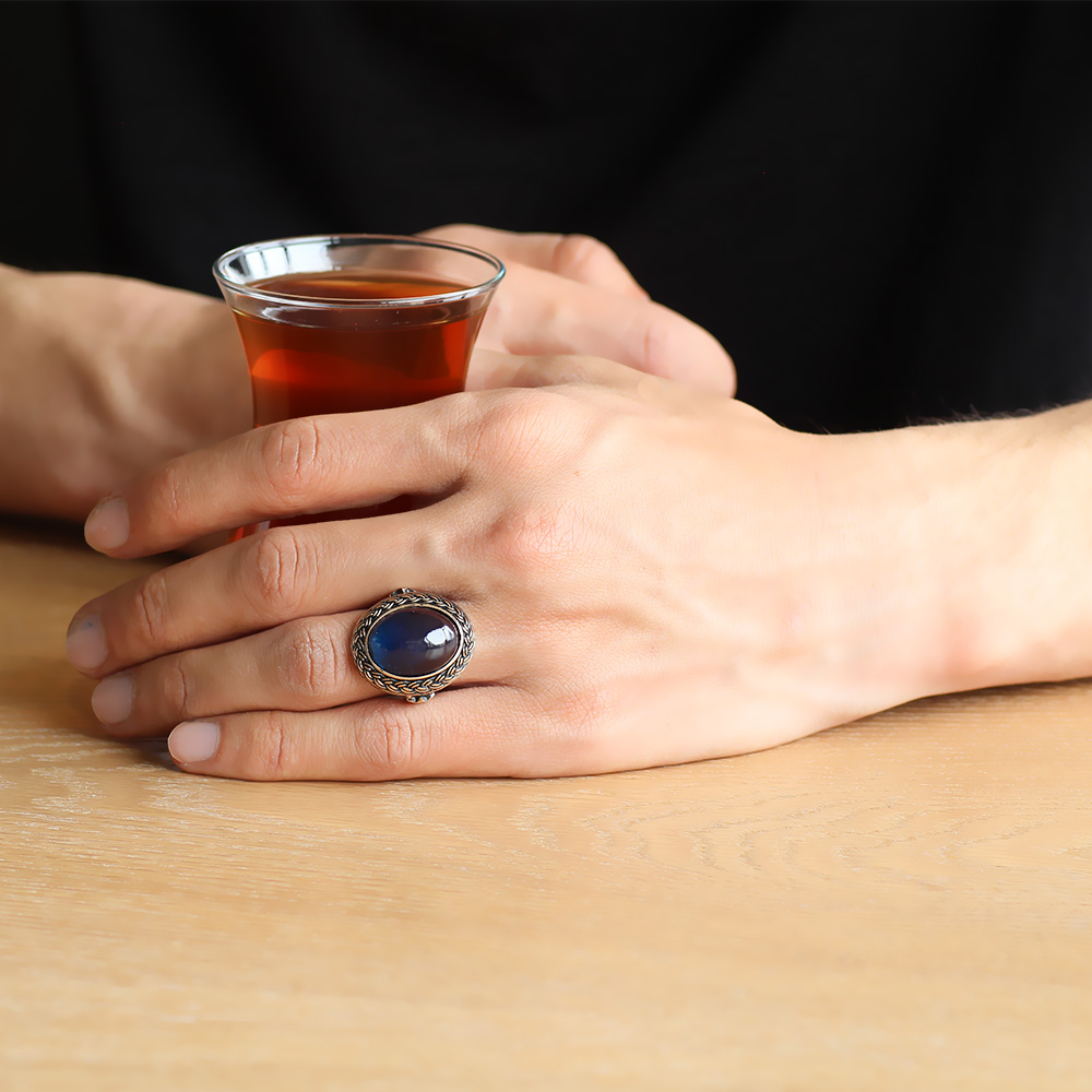 Mavi Ateş Kehribar Taşlı Oval Tasarım 925 Ayar Gümüş Erkek Yüzük - 2