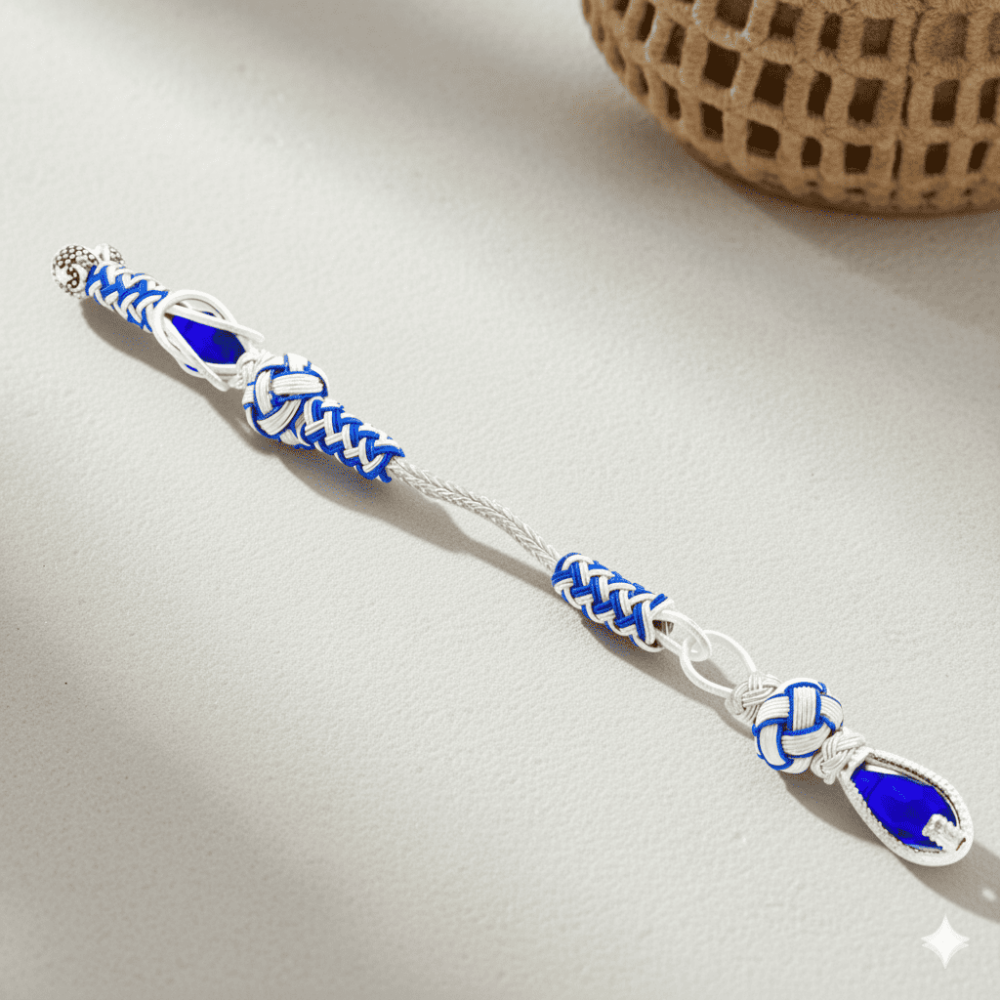 Mavi Beyaz Renk Bakır Kaplama Mavi Taşlı Kazaz Püskül - 1