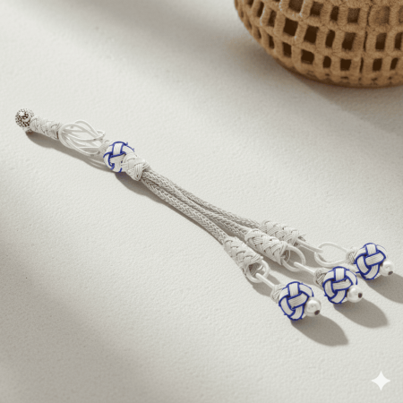 Mavi Beyaz Renk Bakır Kaplama Üçlü Top Kazaz Püskül - Tesbihane