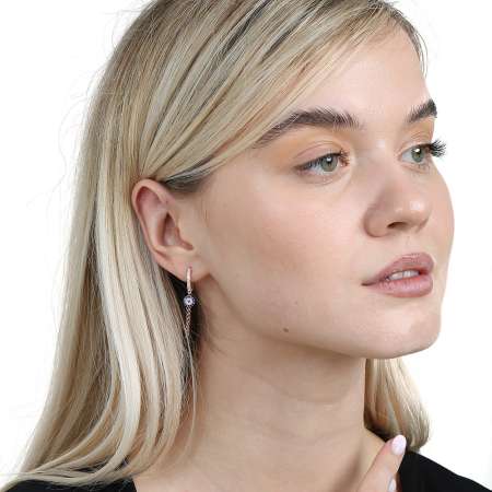 Mavi Beyaz Zirkon Taşlı Çiçek Model Altın Renk 925 Ayar Gümüş Sallantılı Kadın Küpe - Tesbihane