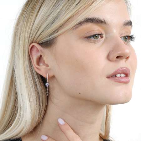 Mavi Beyaz Zirkon Taşlı Çiçek Model Rose Renk 925 Ayar Gümüş Sallantılı Kadın Küpe - Tesbihane