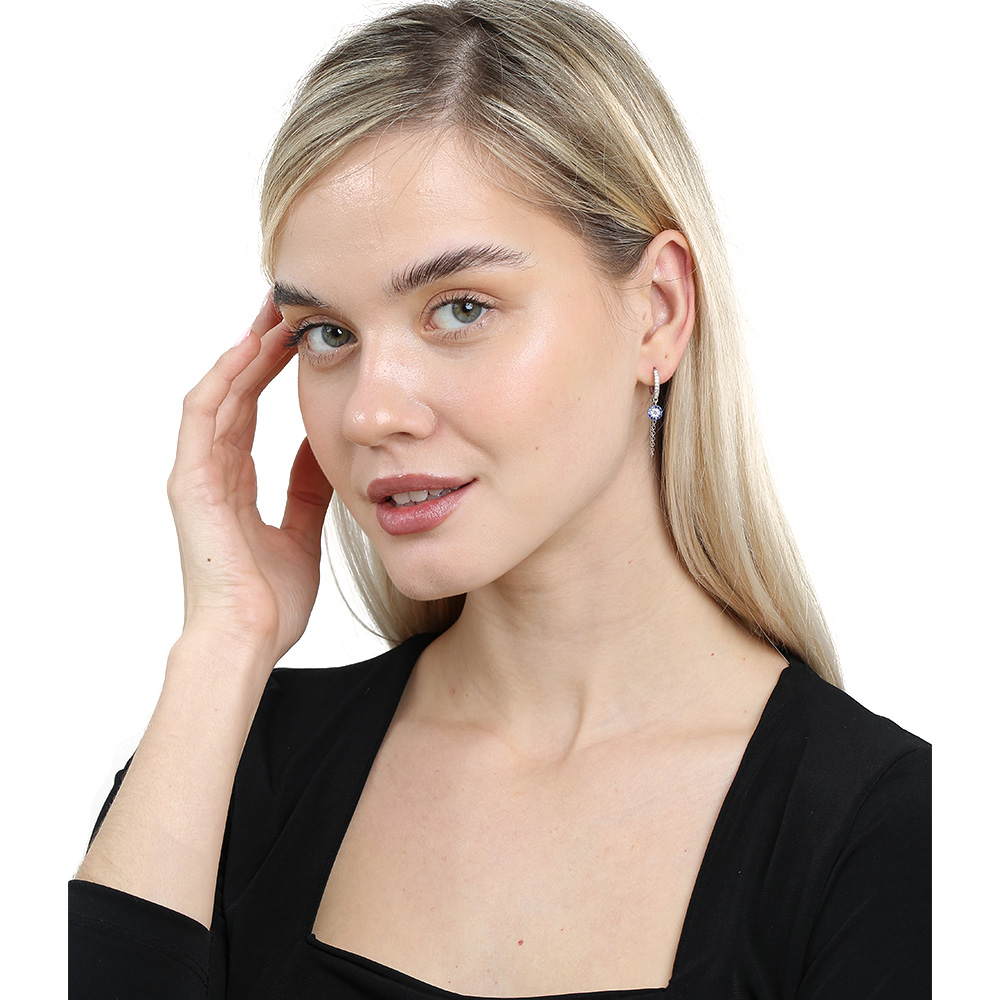 Mavi Beyaz Zirkon Taşlı Çiçek Model Gümüş Renk 925 Ayar Gümüş Sallantılı Kadın Küpe - 2