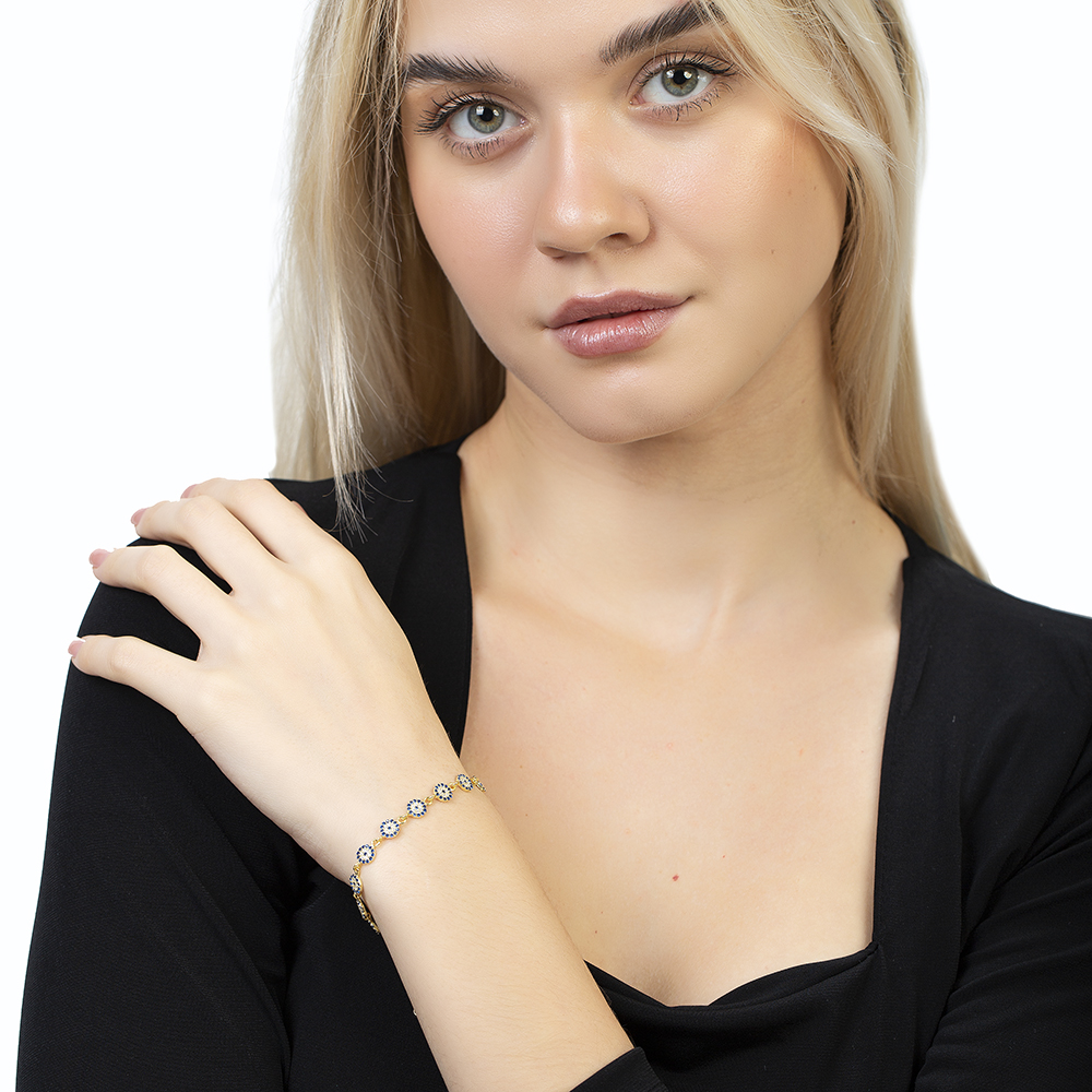 Mavi Beyaz Zirkon Taşlı Çiçek Model Zarif Tasarım Altın Renk 925 Ayar Gümüş Kadın Bileklik - 3