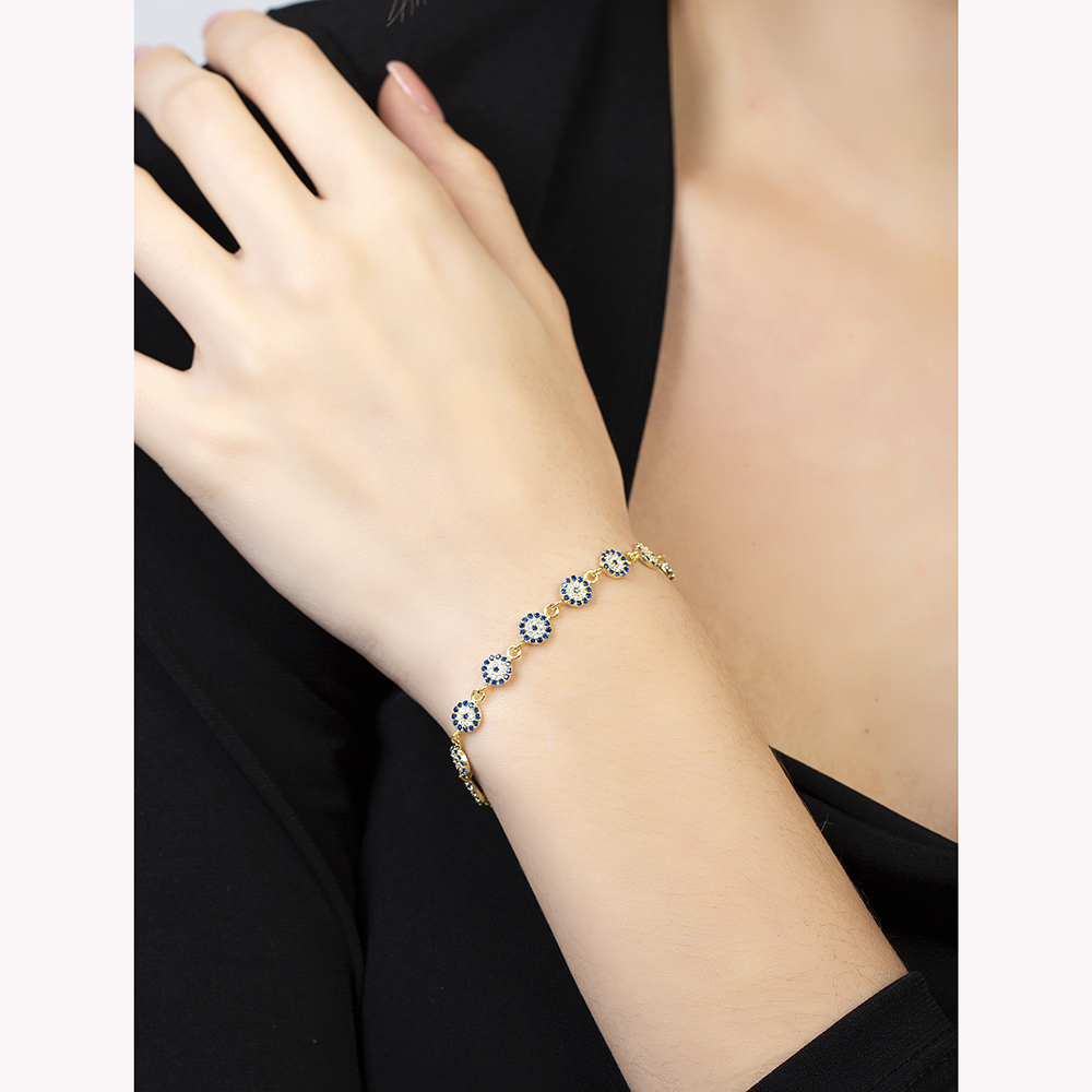 Mavi Beyaz Zirkon Taşlı Çiçek Model Zarif Tasarım Altın Renk 925 Ayar Gümüş Kadın Bileklik - 4