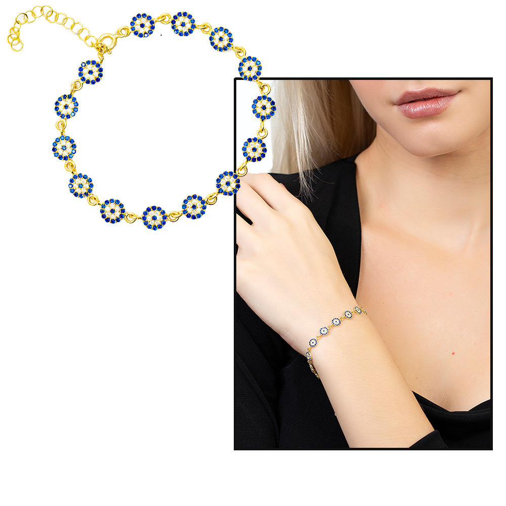 Mavi Beyaz Zirkon Taşlı Çiçek Model Zarif Tasarım Altın Renk 925 Ayar Gümüş Kadın Bileklik - 1
